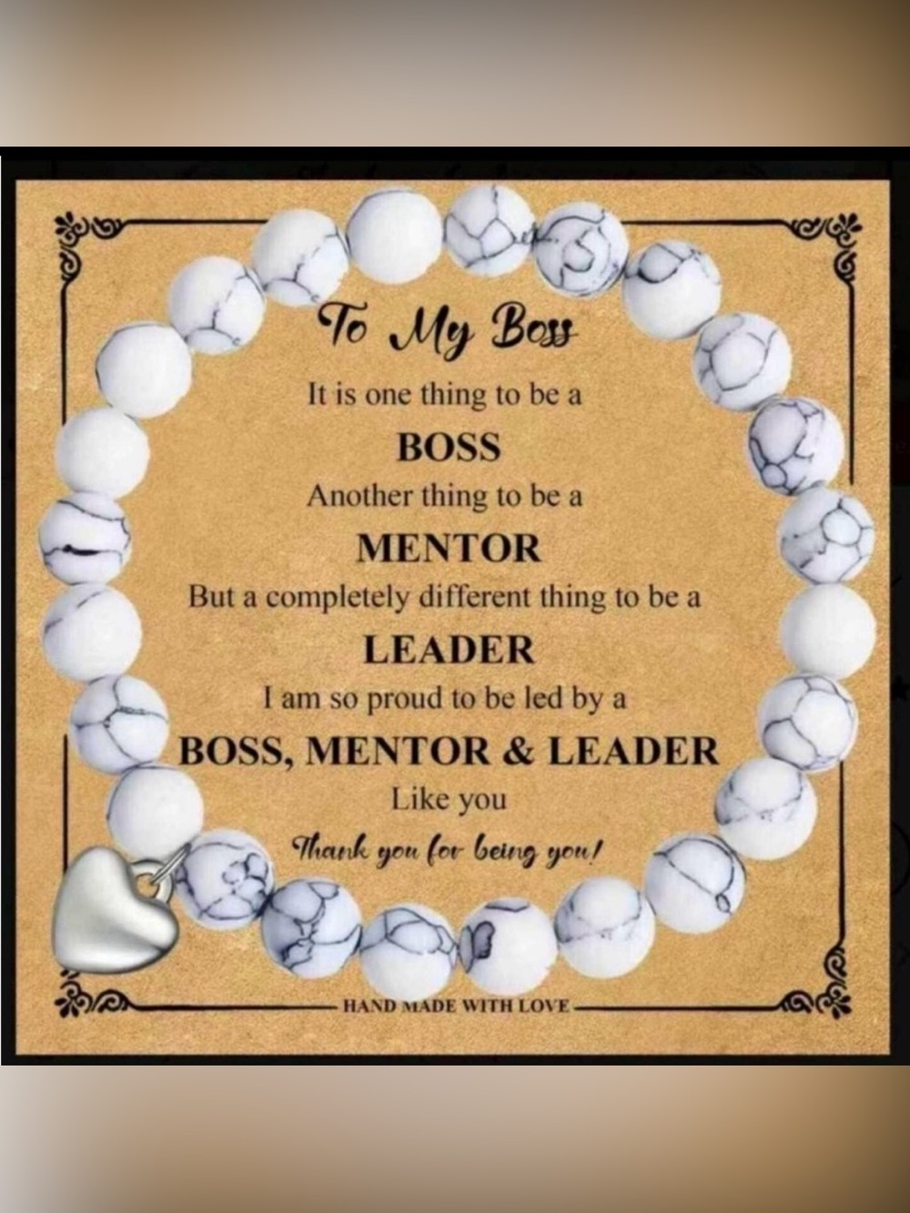 NWT “To My Boss” gray and‎ white stretch Bracelet With Card
